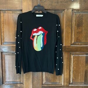 In2you Fashion Rolling Stones Black Sweater Pearl Accents Size Medium Shirt Top